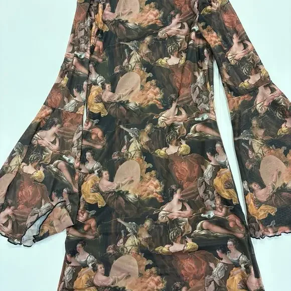 Renaissance Print Mesh Mini Dress Bell Sleeve Whimsigoth Ethereal Art stretchy - Picture 4 of 7